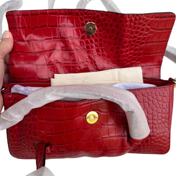 Frances Valentine Red Croc-Embossed Leather Shoulder Bag Long Strap Snap Closure - Picture 11 of 15